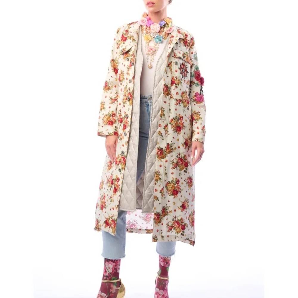 Aratta Floral Long Coat with Red and Green Accents With Removable Vest